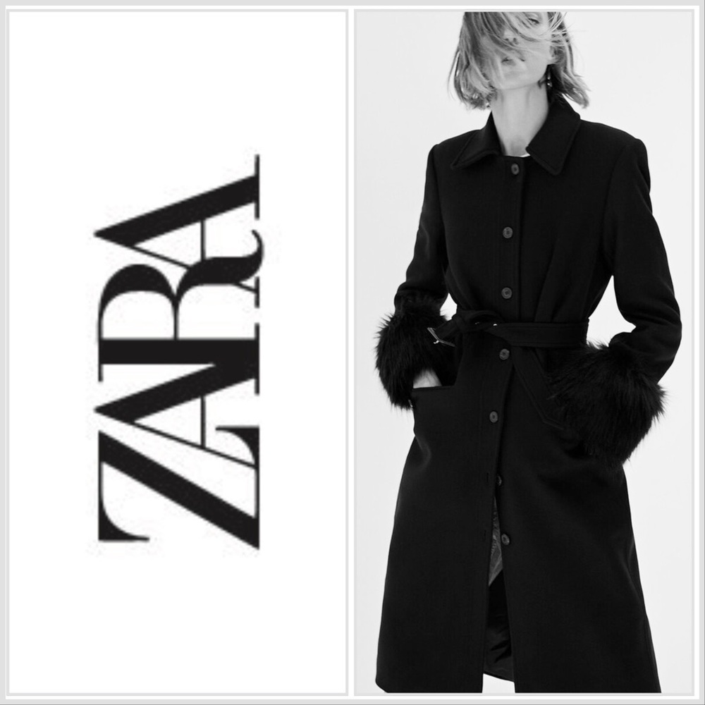 ZARA Manteco Wool Blend Black Coat Faux Fur Cuffs Belted Jacket Size Small